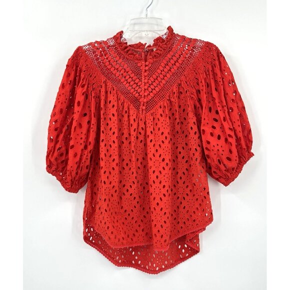 ALLSAINTS tila top shirt blouse eyepet puff sleeve lace ruffle red tunic 6 - Picture 2 of 10